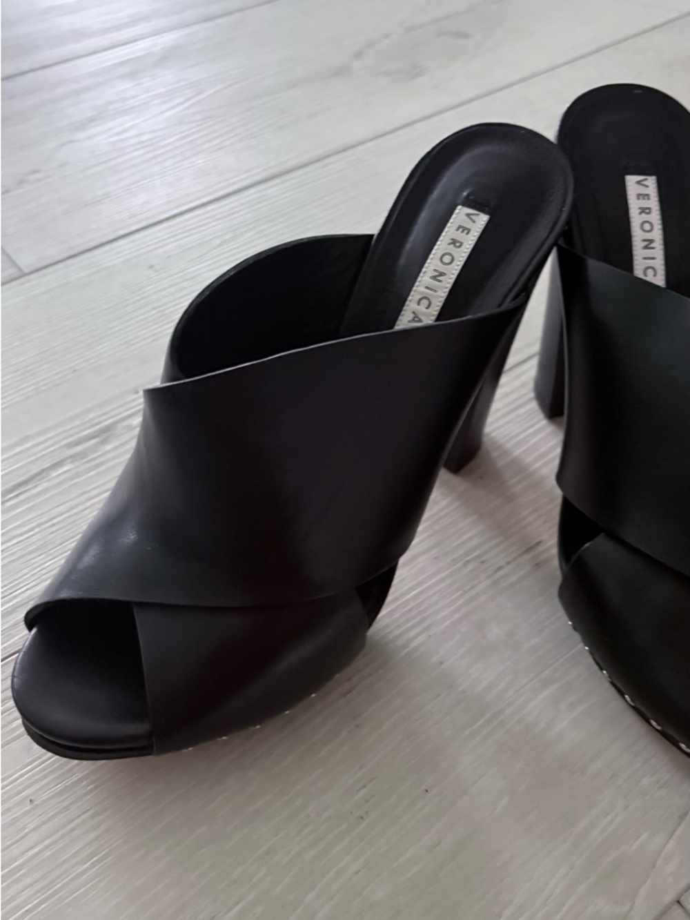 Veronica Black Leather Crossover Mule Heels - Picture 7 of 8